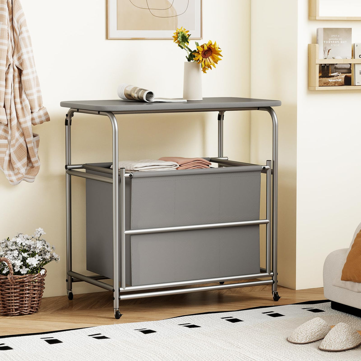 Goflame Laundry Sorter with Foldable Ironing Board 3 Section Tilt Out Laundry Hamper with Removable Bags