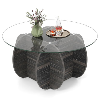 Goflame 35" Glass Round Coffee Table with Storage Tempered Glass Top & Solid Wood Base
