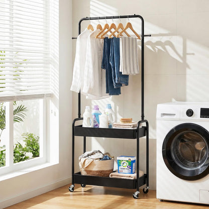 Goflame Heavy-Duty Rolling Clothes Rack with 2 Storage Baskets & Side Hooks