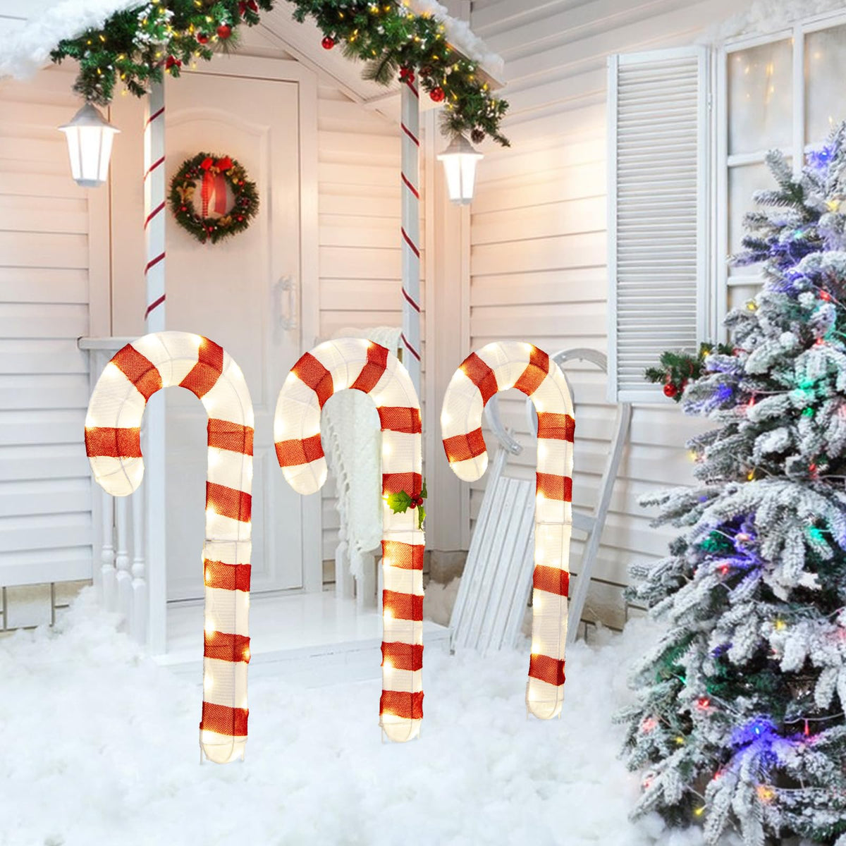 Goflame Lighted Candy Canes, Set of 3 Christmas Tinsel Candy Cane Decoration with 75 Warm White LED Lights