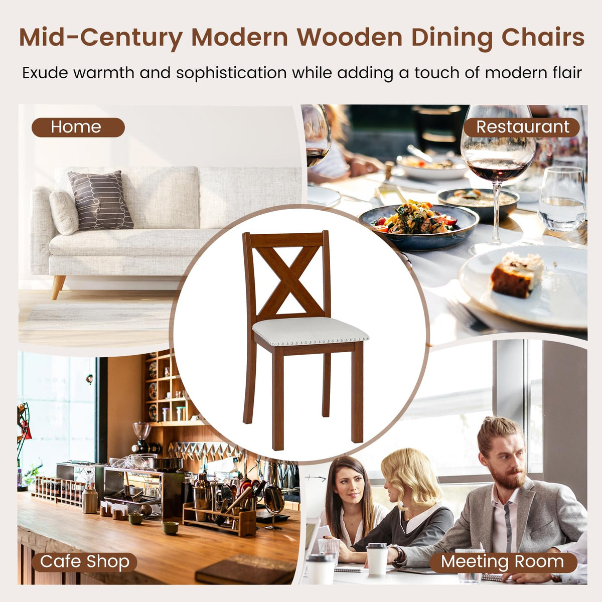 Goflame Wooden Dining Chair Set of 2/4 with Padded Seat and Curved Back