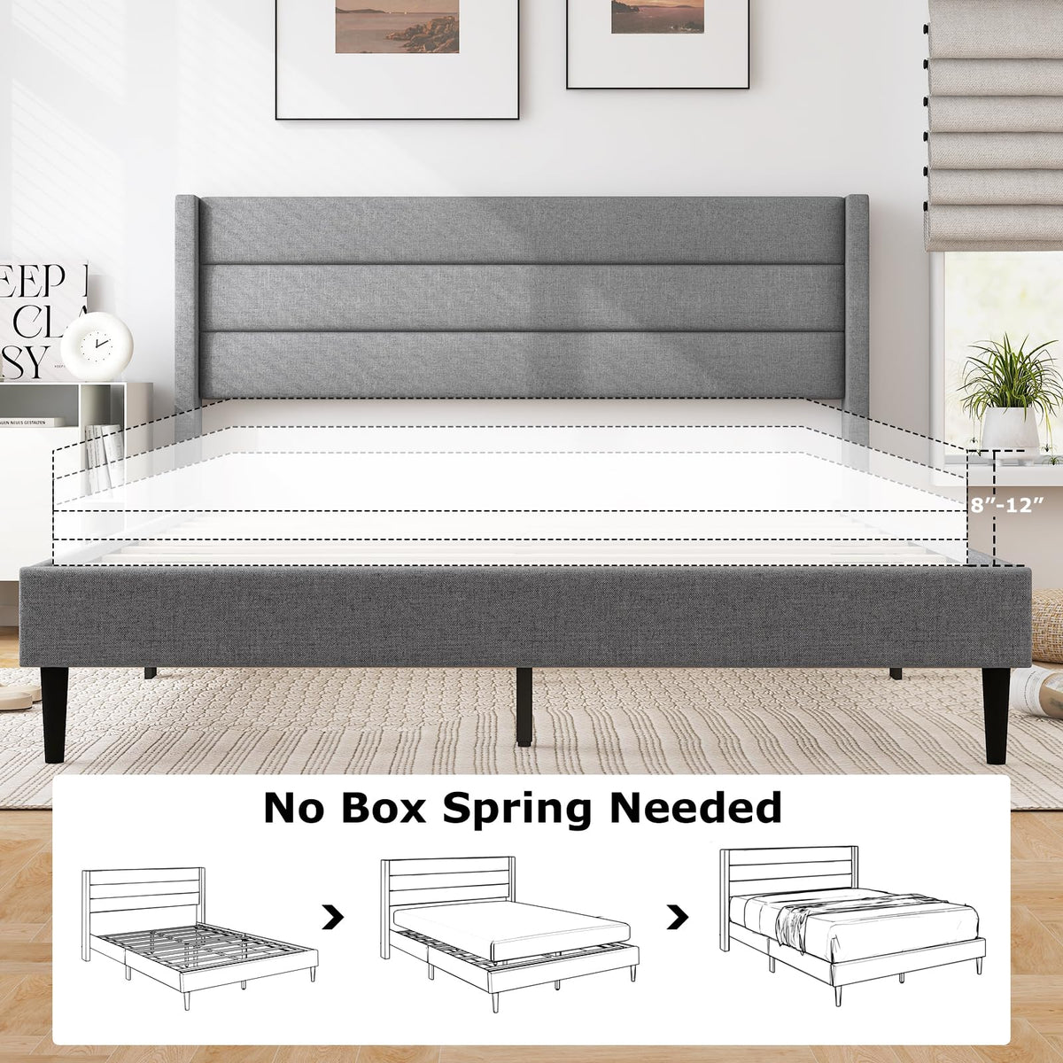 Goflame Queen/Twin Size Bed Frame, Modern Linen Upholstered Platform Bed with Wingback Headboard