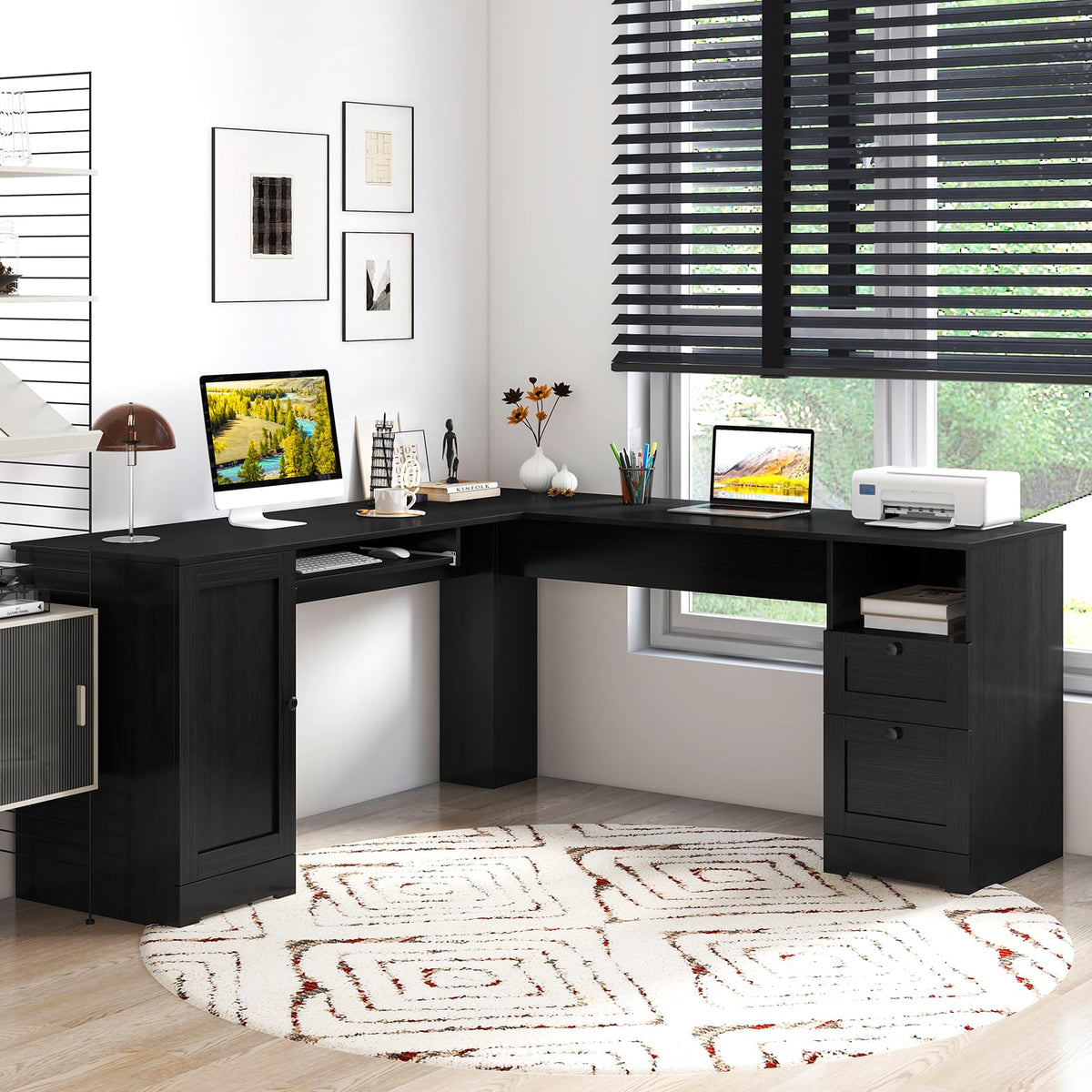 GOFLAME 66" L-Shaped Desk with Storage Drawers & Charging Station