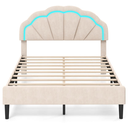 Goflame Full Size LED Bed Frame, Velvet Upholstered Full Platform Bed with Adjustable Cloud Headboard