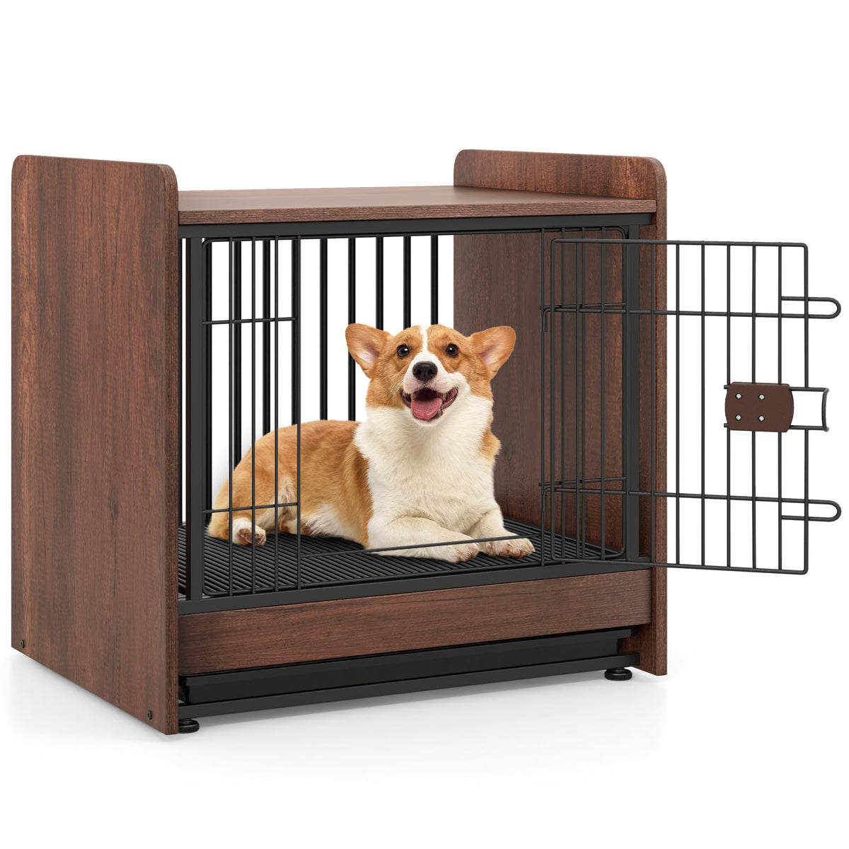 Goflame Dog Crate End Table - Wooden Dog Kennel Furniture with Removable Pull-Out Tray