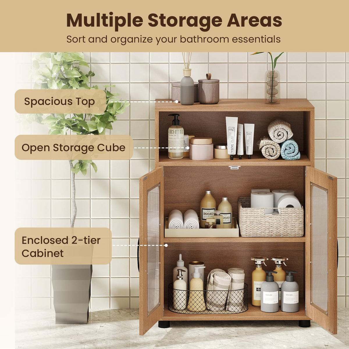Goflame Bathroom Storage Cabinet with 2 Doors & 3-Level Adjustable Shelf
