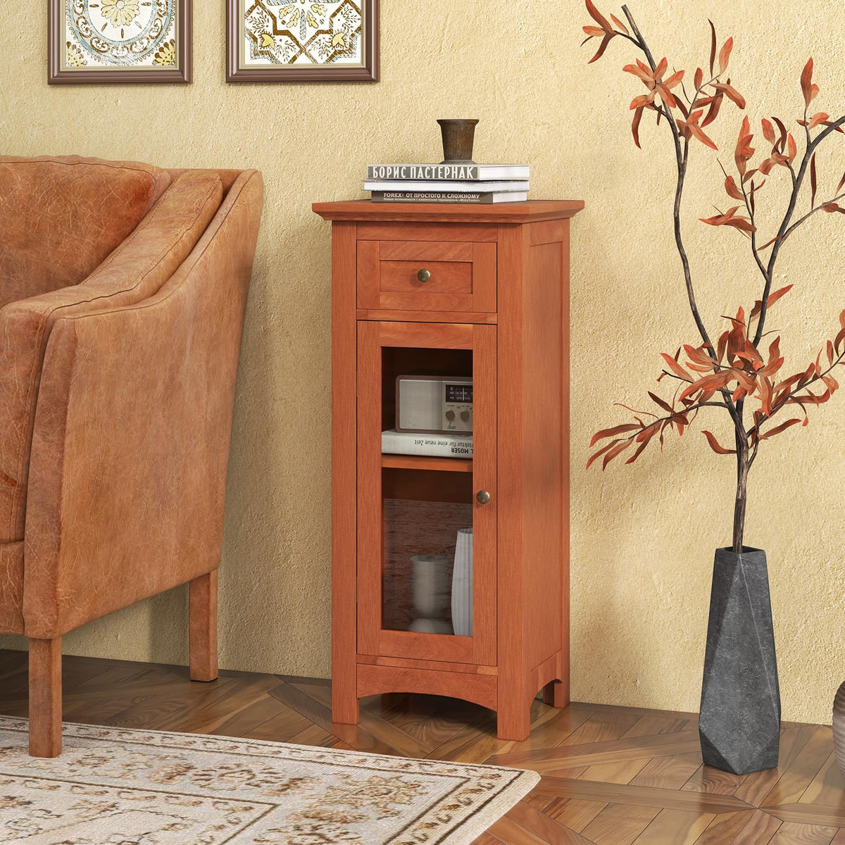 Goflame Small Bathroom Storage Cabinet, Freestanding Narrow Bathroom Cabinet with Single Glass Door, Drawer
