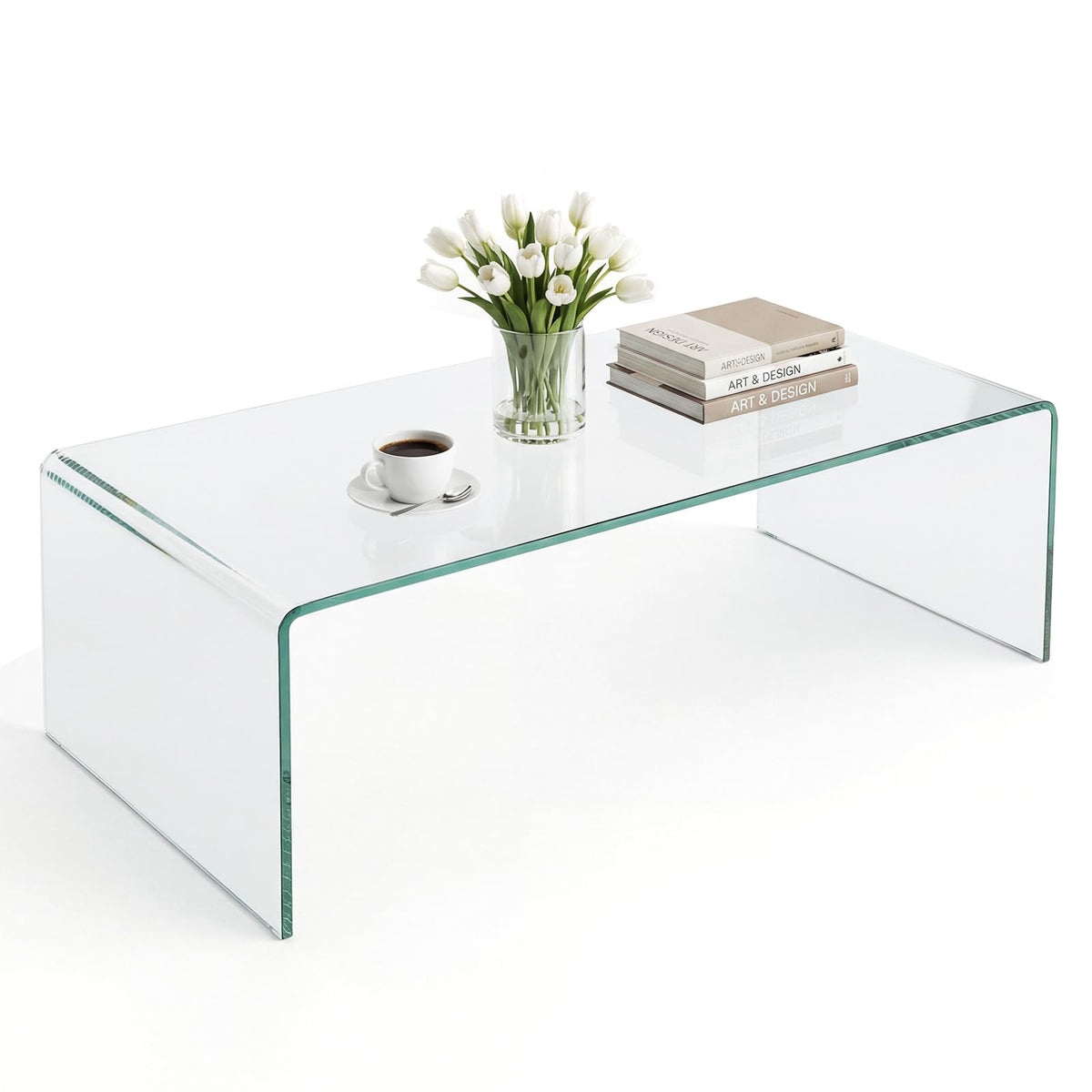 Goflame 40 Inch Clear Center Coffee Table with Tempered Glass Top & Round Edges