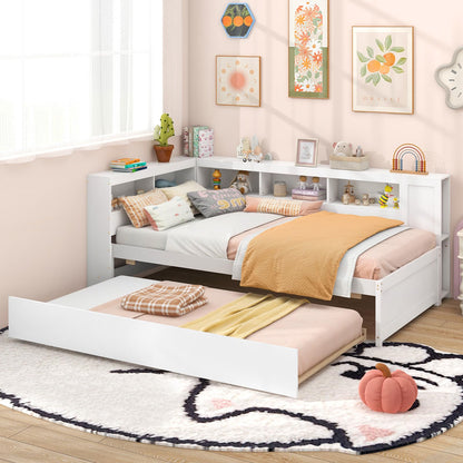 Goflame Twin Daybed with Trundle, Wood Twin Bed Frames with Storage Headboard, Reversible Bookcase