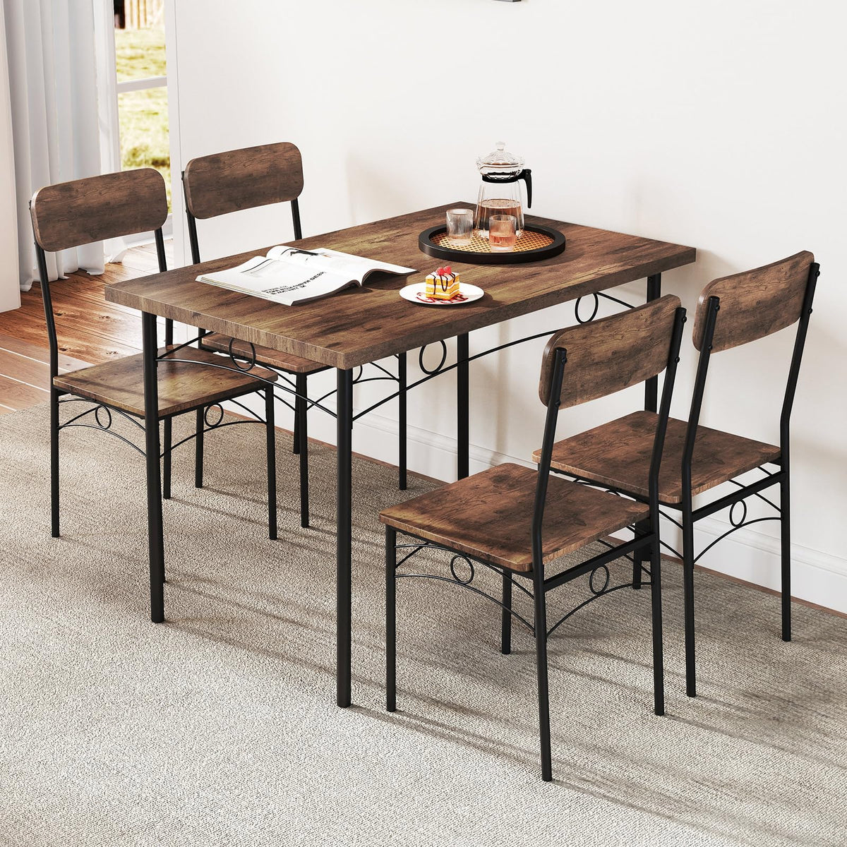 Goflame Rectangle Kitchen Table and 4 Farmhouse Dining Chairs with Heavy-Duty Metal Frame