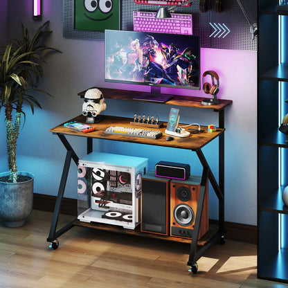 Goflame Rolling Computer Desk with Charging Station