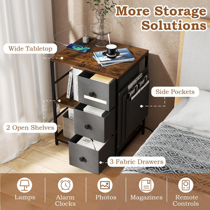 Goflame Industrial Nightstand with Charging Station - End Side Table w/3 Fabric Drawers