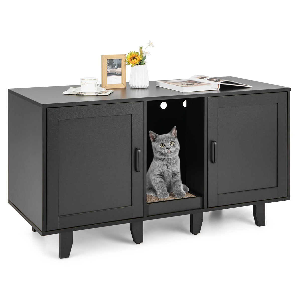 Goflame Cat Litter Box Enclosure - Cat Washroom Hidden Furniture with 2 Storage Cabinets