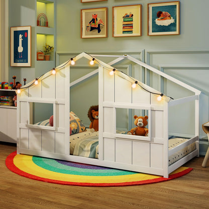 Goflame Twin Kids House Bed with Light Bulbs Wooden Montessori Floor Bed Frame with Roof & Windows
