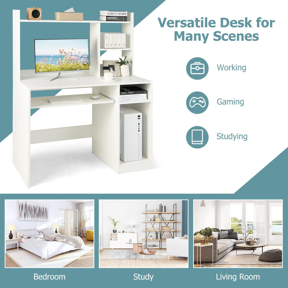 Goflame White Computer Desk with Hutch and Bookshelf