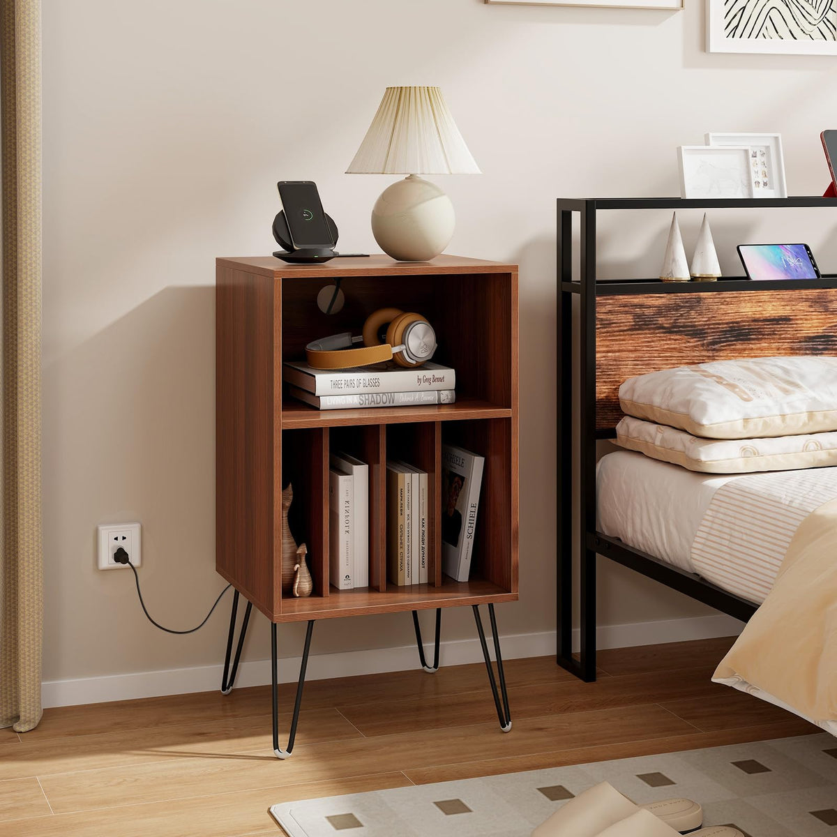 Goflame Record Player Stand with Charging Station Turntable Cabinet with Record Storage & Metal Legs