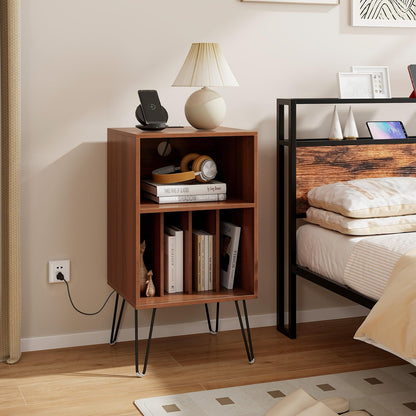Goflame Record Player Stand with Charging Station Turntable Cabinet with Record Storage & Metal Legs
