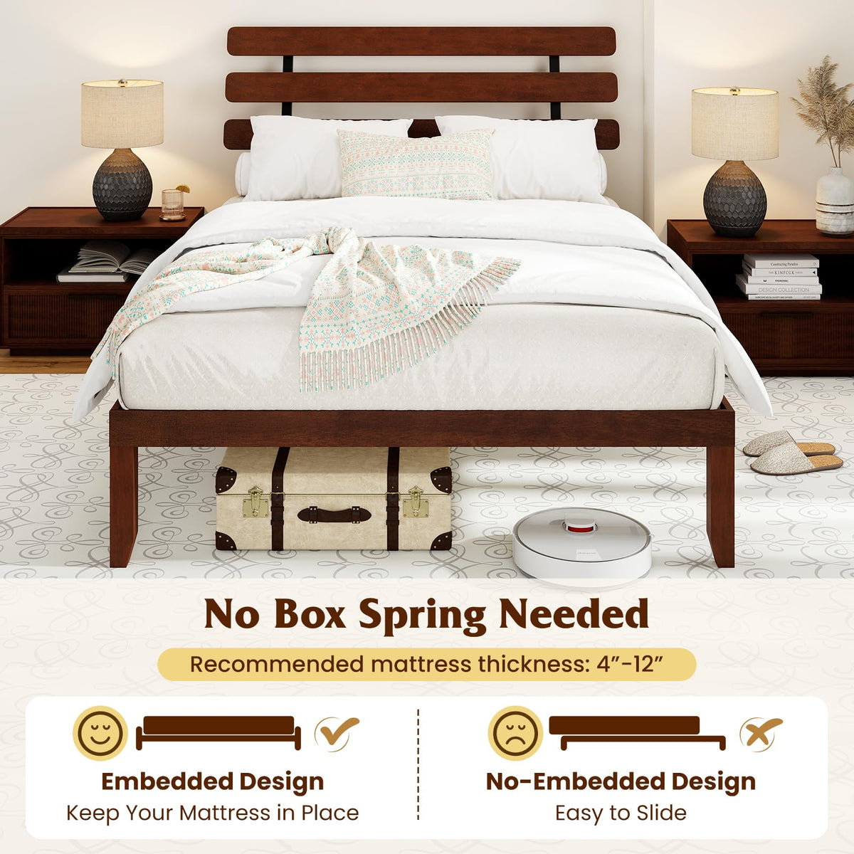 Goflame Queen/Full/Twin Size Platform Bed with Retro Headboard Mid Century Modern Bed Frame with Wood Slat Support