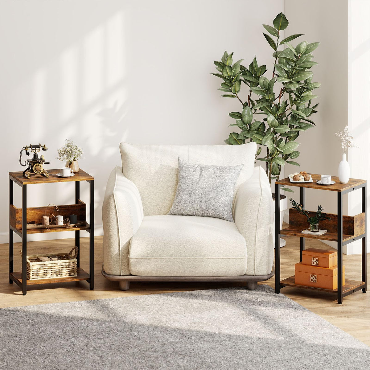 Goflame Side Table with Charging Station - Industrial 3-Tier Bedside Table w/Open Storage Shelves