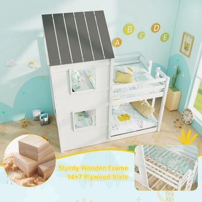 Goflame House Bunk Bed Twin Over Twin, Solid Wood Floor Bunk Bed with Built in Ladder, Window & Safety Guardrail