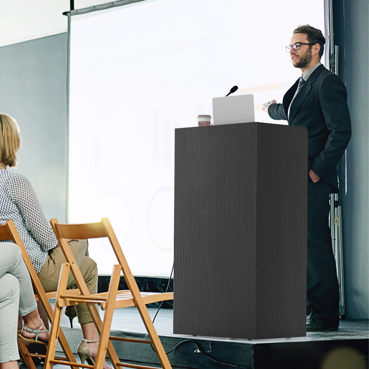 Goflame Portable Podium Stand, Lectern Podium with 2 Storage Shelves, 4 Universal Wheels, Mobile Speaking Podium Hostess Stand Pulpits