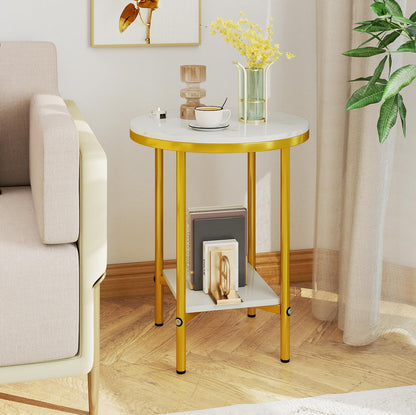 Goflame Round Side Table 2-Tier Faux Marble Sofa Side Coffee Table w/Gold Frame & Open Shelf