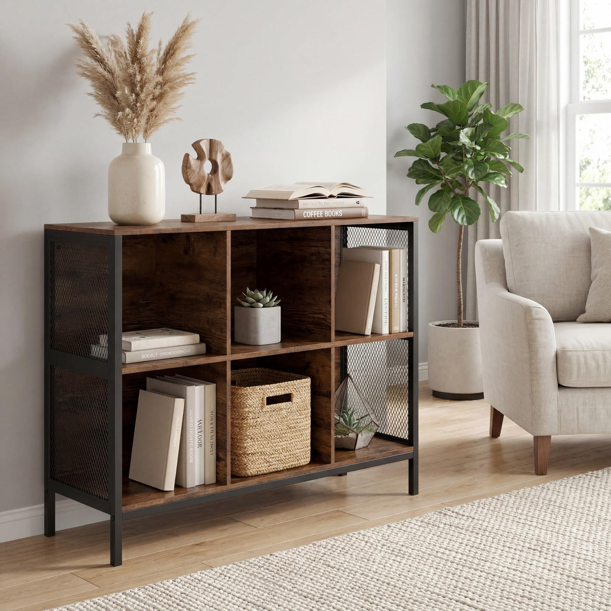 Goflame Industrial Accent 42" Wide Bookcase with 6 Cubes