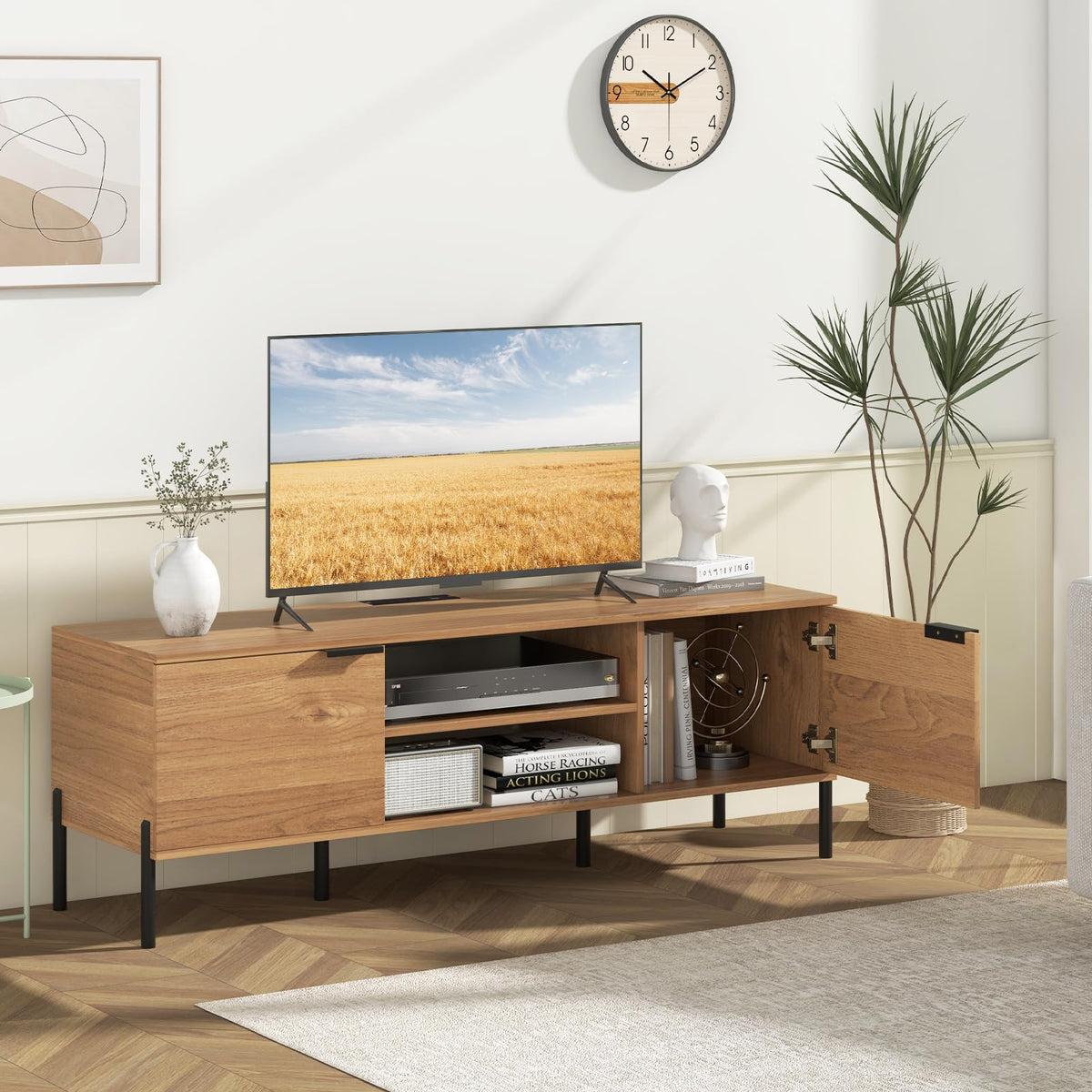 Goflame TV Stand for TVs up to 65”, Entertainment Center with Charging Station, 2 Cabinets, Open Shelves, 6 Sturdy Metal Legs