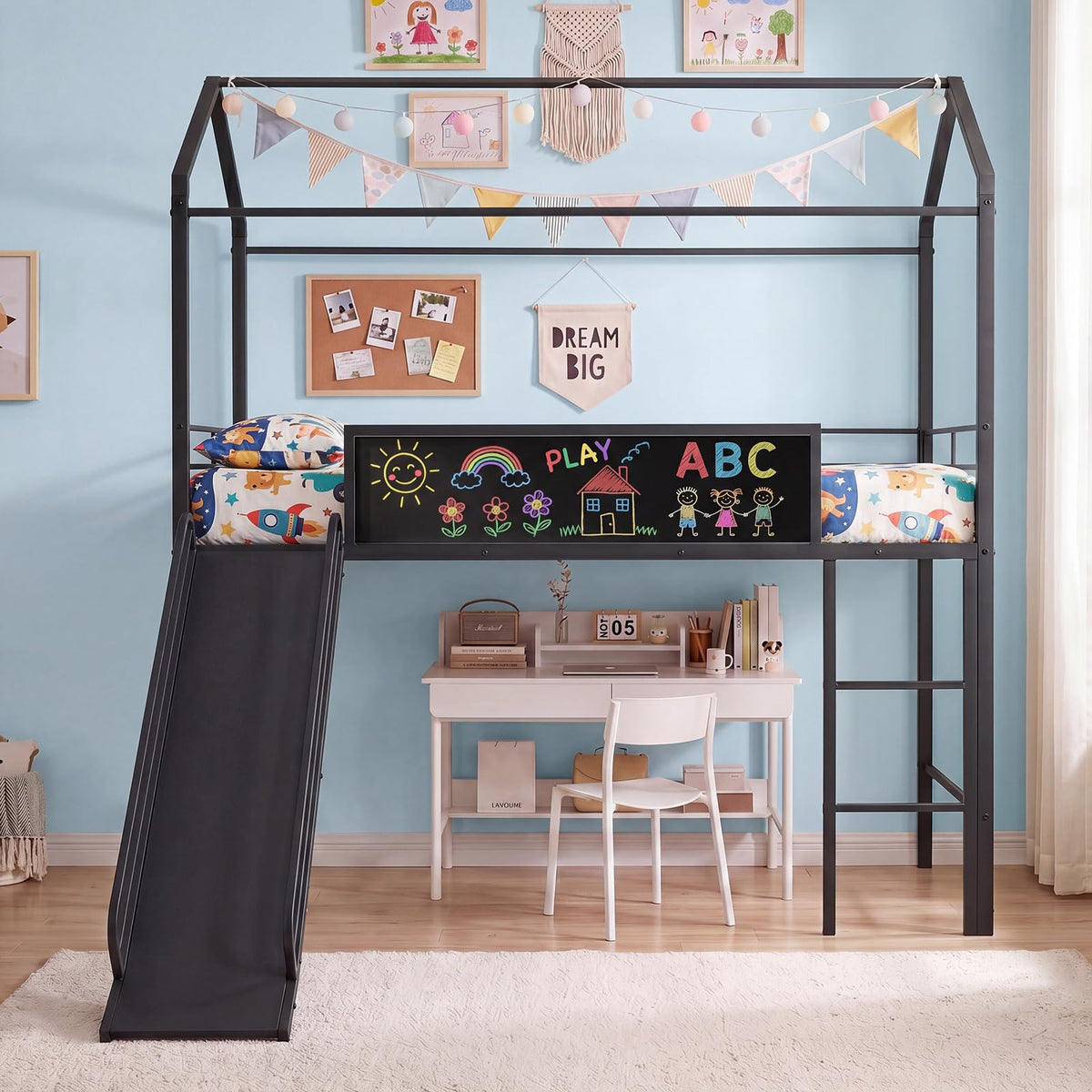 Goflame Twin Size House Loft Bed | Low Loft Bedframe w/Roof