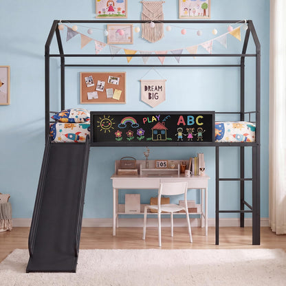 Goflame Twin Size House Loft Bed | Low Loft Bedframe w/Roof