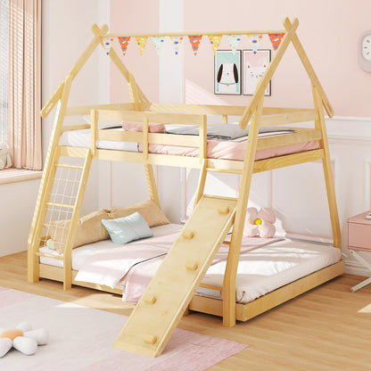 Goflame Twin Over Queen Bunk Bed, Wood House Bunk Bed for Kids with Climbing Nets and Ramp
