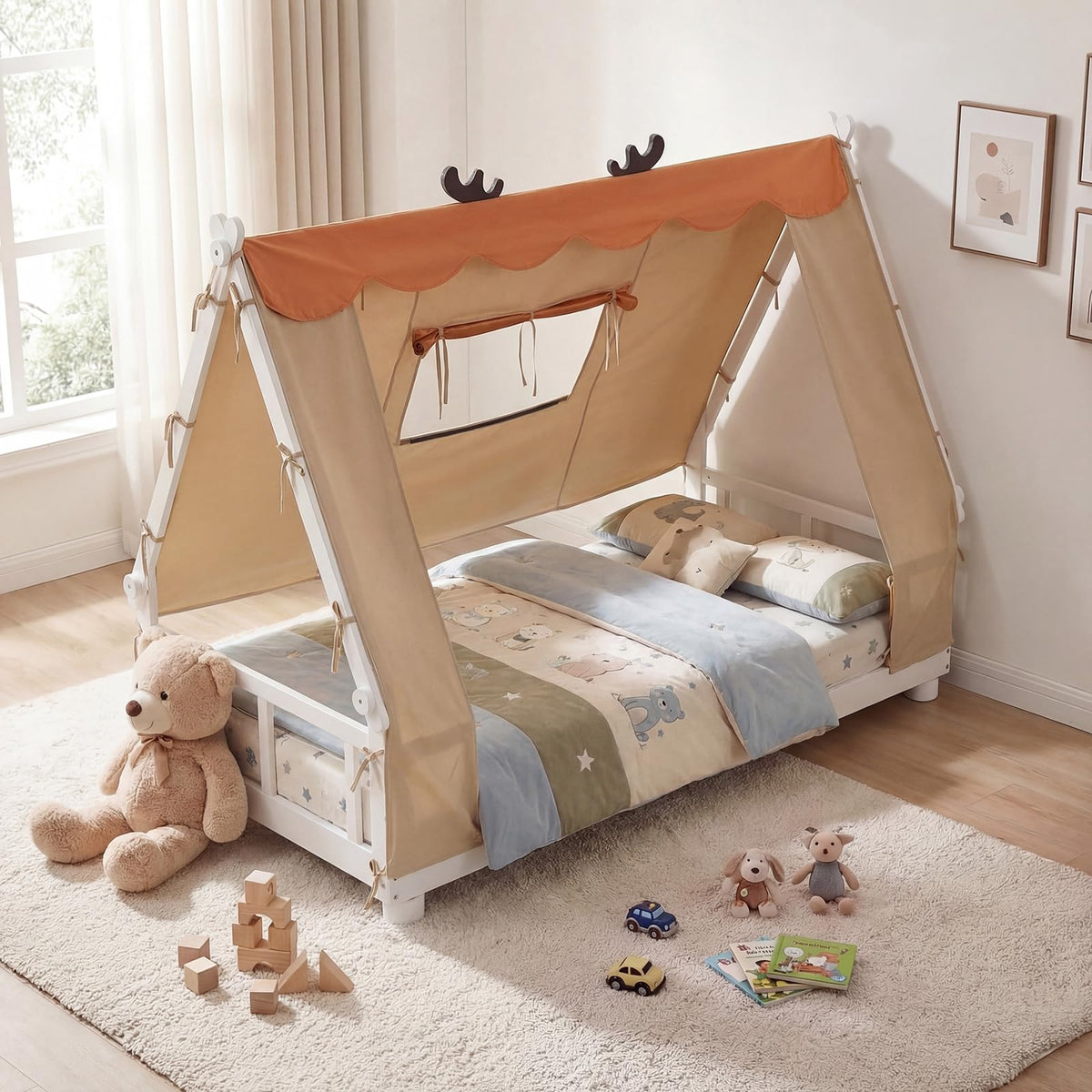 Goflame Twin Size House Floor Wood Bed with Tent
