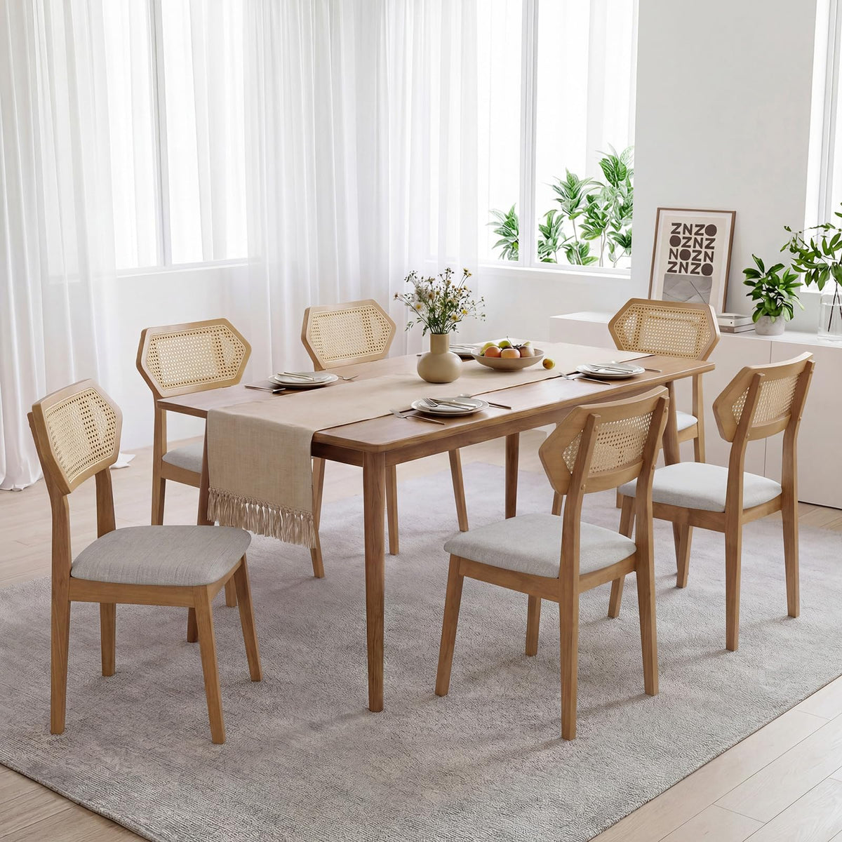 Goflame Wood Dining Chairs Set of 2/4 Rattan Upholstered with Solid Wood Frame