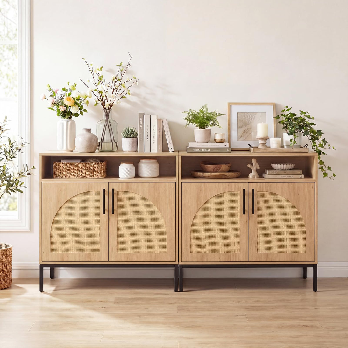 Goflame 32" Sideboard Buffet Cabinet with 2 Natural Rattan Decorated Doors (1/2)