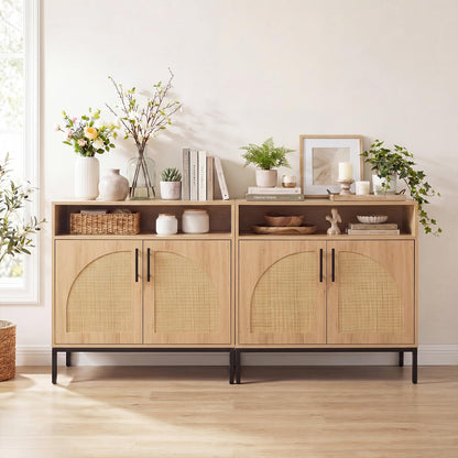 Goflame 32" Sideboard Buffet Cabinet with 2 Natural Rattan Decorated Doors (1/2)