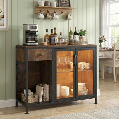 Goflame Industrial Buffet Sideboard with Power Outlets and LED Light