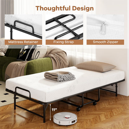 Goflame Twin Folding Bed Frame with 5 Inch Mattress, Portable Rollaway Guest Bed, 75" x 38"