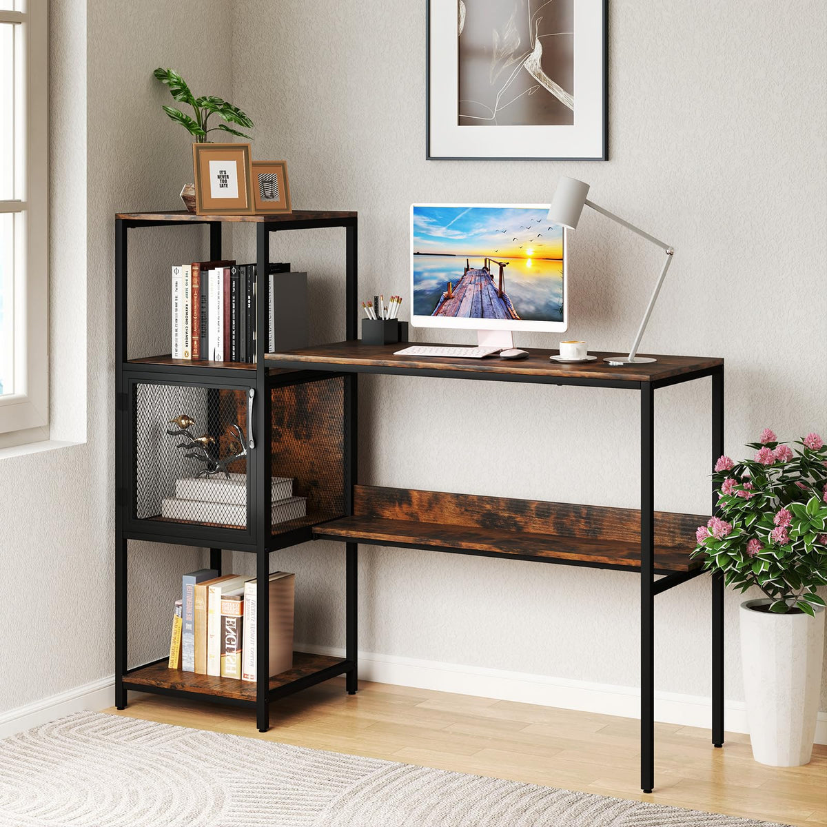 Goflame Modern Computer Workstation Home Office Desk with Storage Cabinet and Shelves