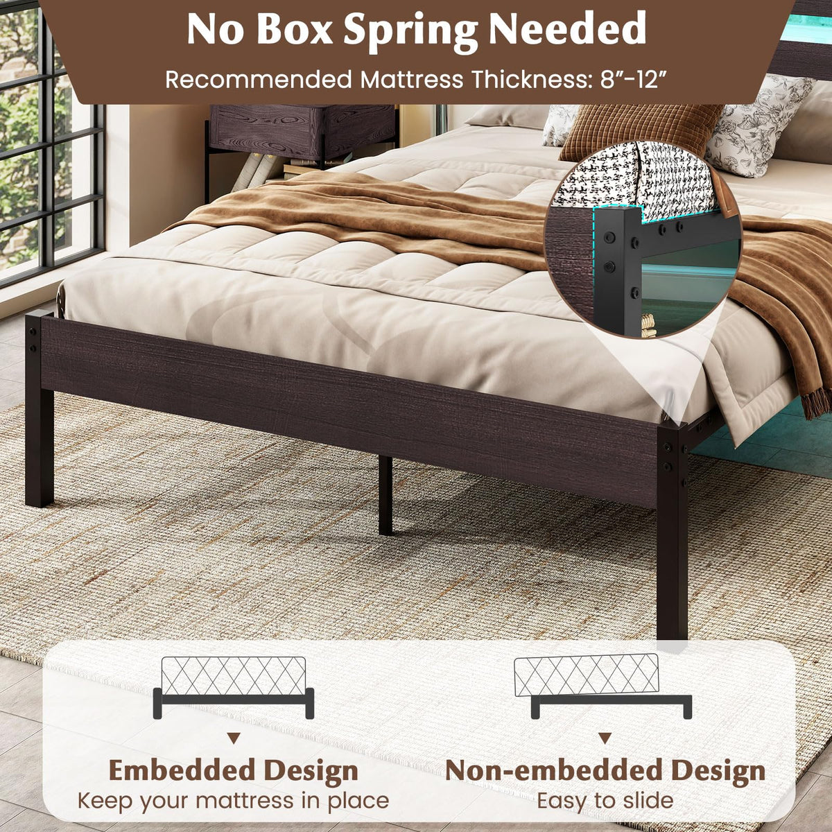 Goflame Full Size LED Bed Frame with Charging Station Rustic Metal Platform Bed