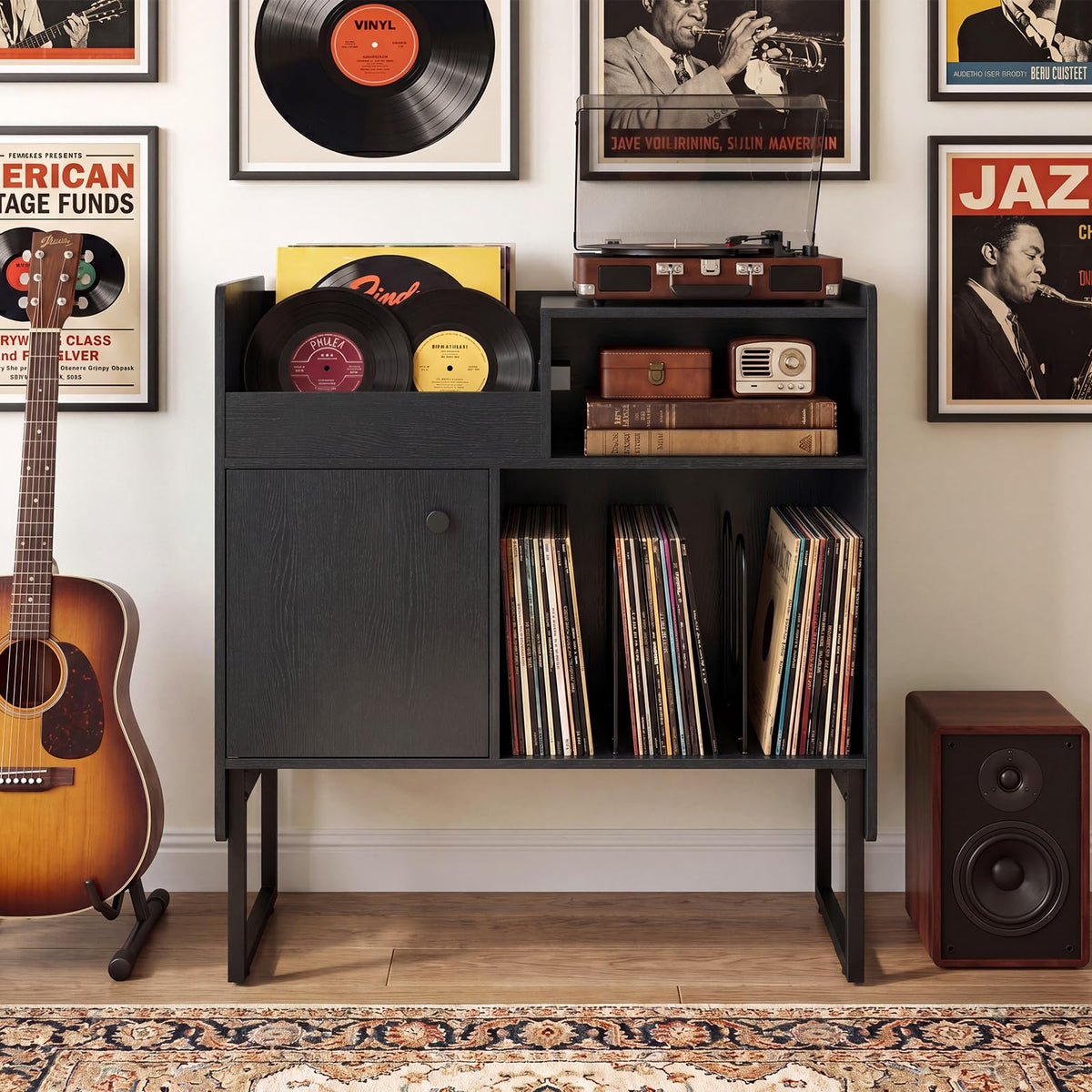 Goflame Record Player Stand with Open Shelf & Cabinet Hold Up to 250 Albums