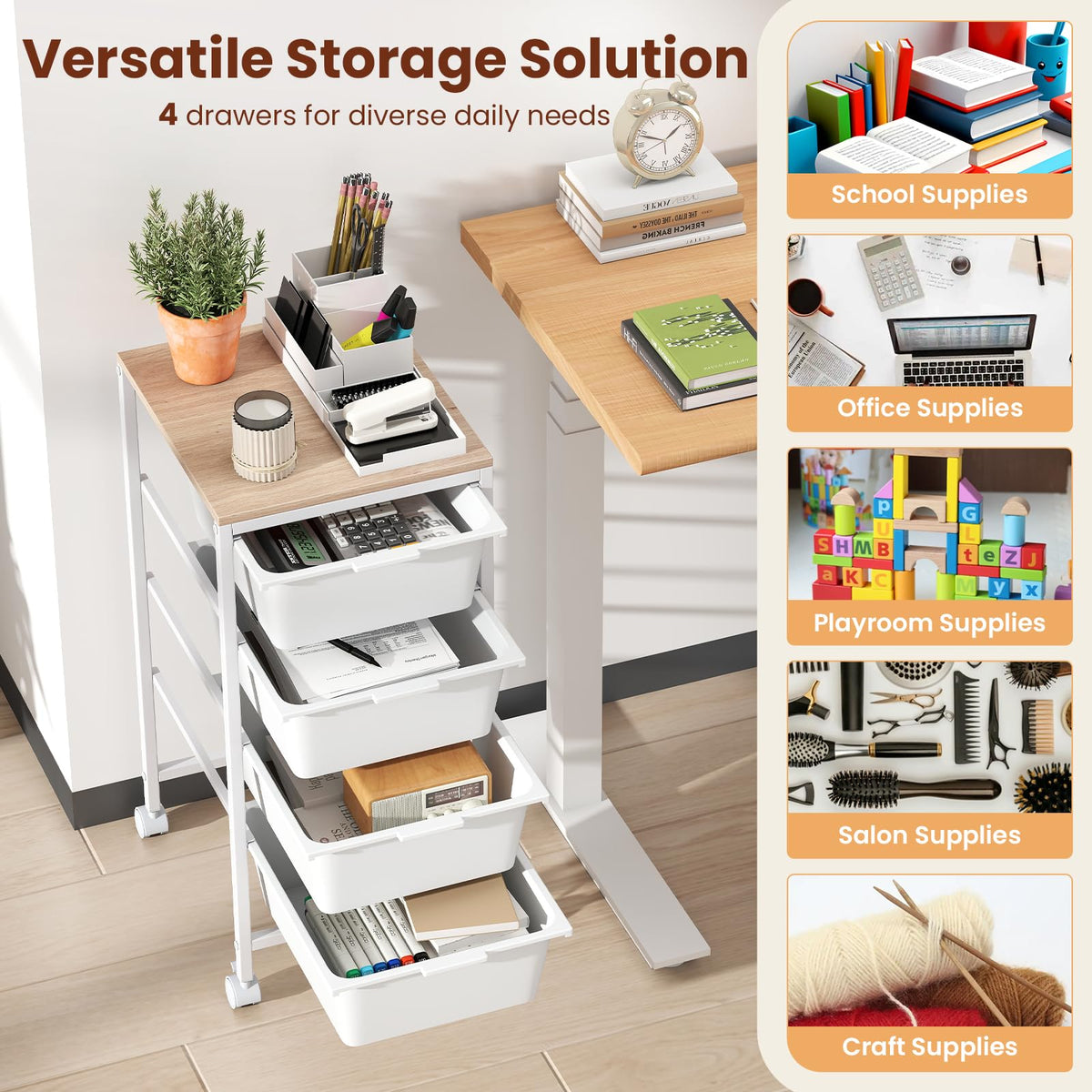 Goflame 4-Drawer Rolling Storage Cart Mobile Utility Organizer with Wooden Tabletop and Lockable Wheels