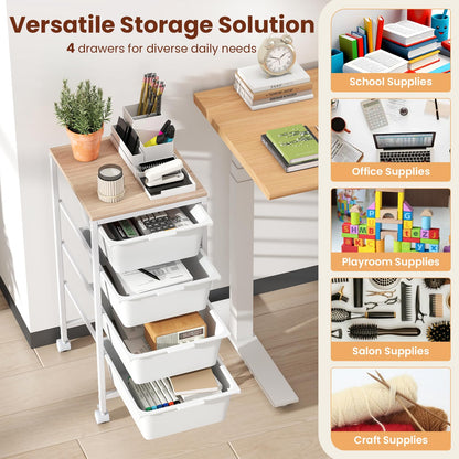 Goflame 4-Drawer Rolling Storage Cart Mobile Utility Organizer with Wooden Tabletop and Lockable Wheels