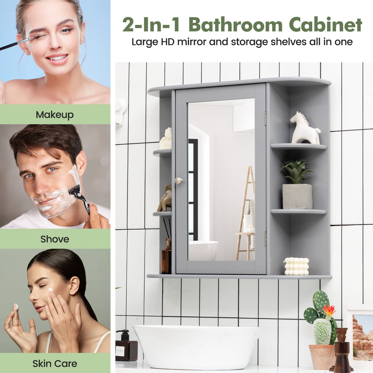 Goflame Mirrored Bathroom Medicine Cabinet - Wall Mounted Bathroom Hanging Cabinet with Single Door