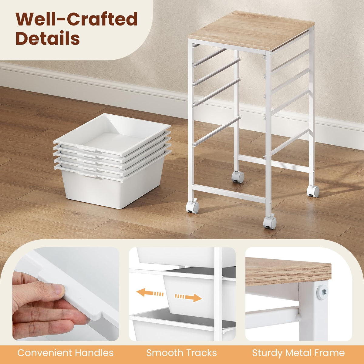 Goflame 5-Drawer Rolling Storage Cart Mobile Utility Organizer with Wooden Tabletop and Lockable Wheels
