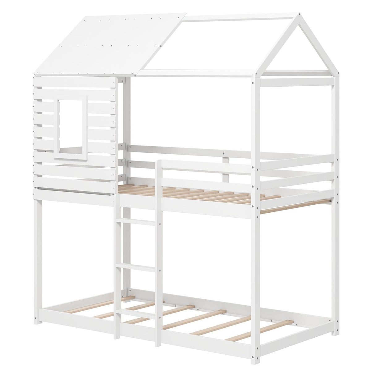 Goflame White Wood Bunk Bed Twin Over Twin with Ladder and Guardrail