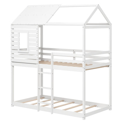 Goflame White Wood Bunk Bed Twin Over Twin with Ladder and Guardrail