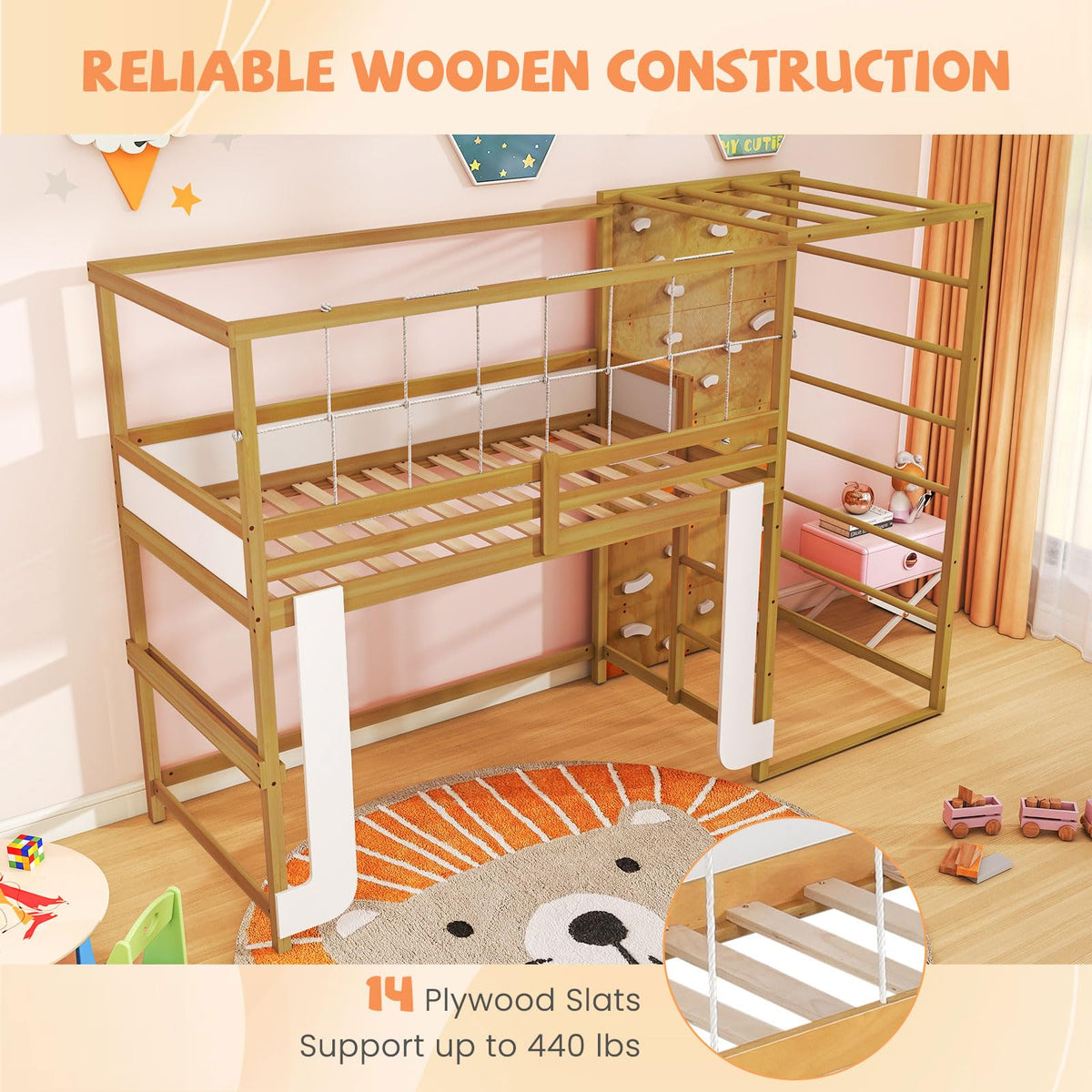 Goflame Twin Bunk Bed with Jungle Gym Wooden Loft Bed with Climbing Ladder