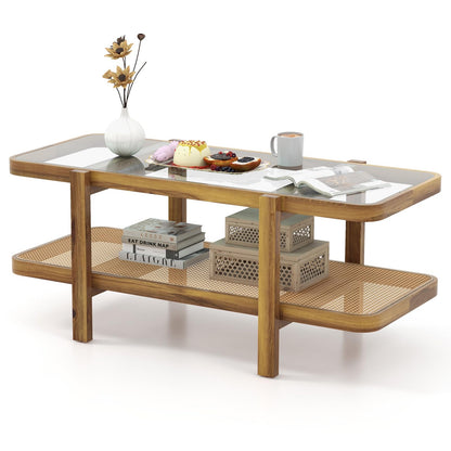 Goflame Rattan Coffee Table, 47.5" Rectangle Solid Wood Tea Table w/Tempered Glass Tabletop