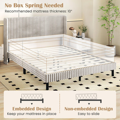 Goflame Queen Velvet Bed Frame Upholstered Platform Bed with Vertical Tufted Wingback Headboard