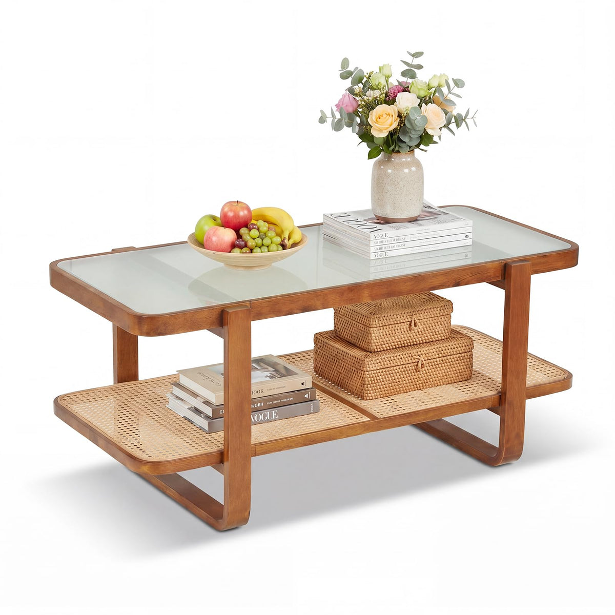 Goflame Rattan Coffee Table | 41.5" Farmhouse Center Table with Storage & Frosted Tempered Glass